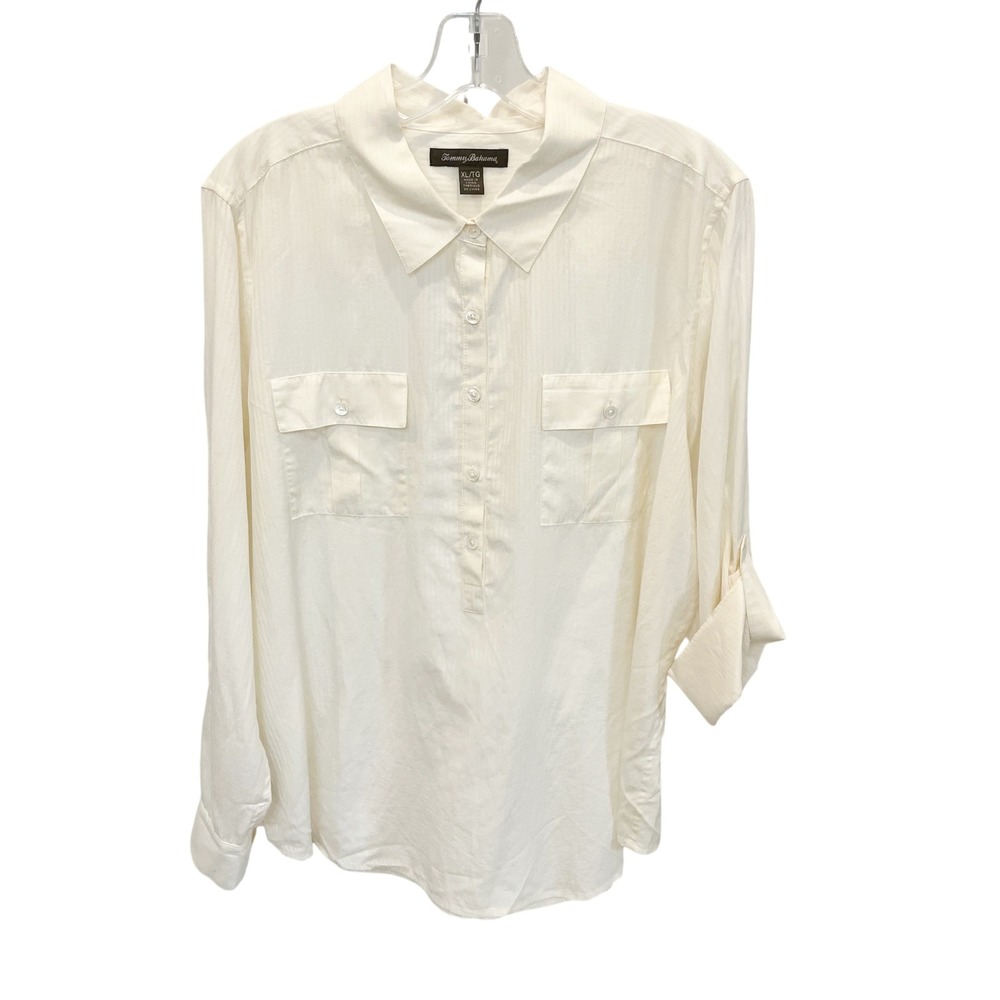 Tommy Bahama Ivory Silk Cotton Roll Tab Sleeve Half Button Up Shirt - Size XL